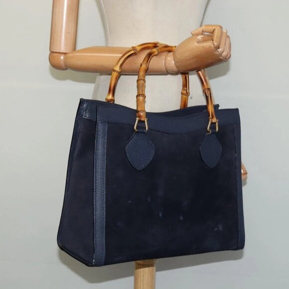 GUCCI Bamboo Hand Bag Suede Navy Gold - Picture 1 of 15